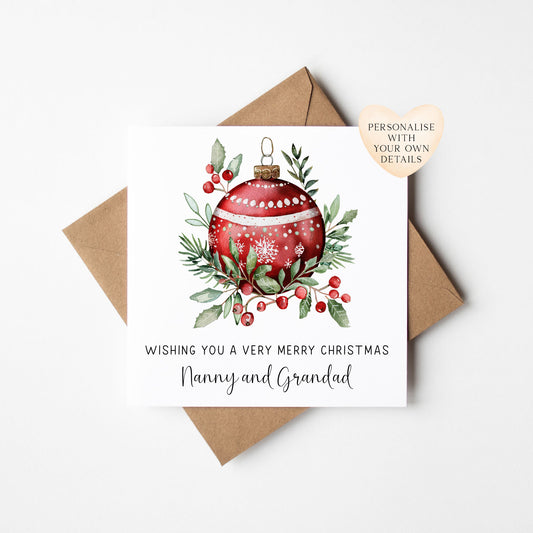 Christmas Card Green & red Bauble decoration family xmas seasonal card with envelope