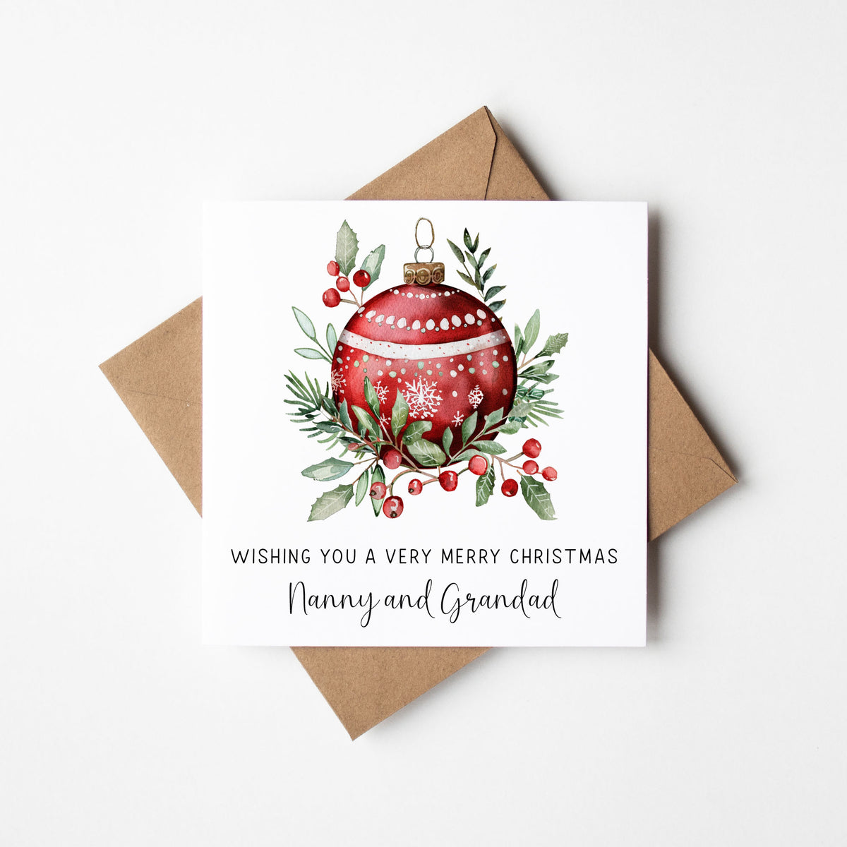 Christmas Card Green & red Bauble decoration family xmas seasonal card with envelope