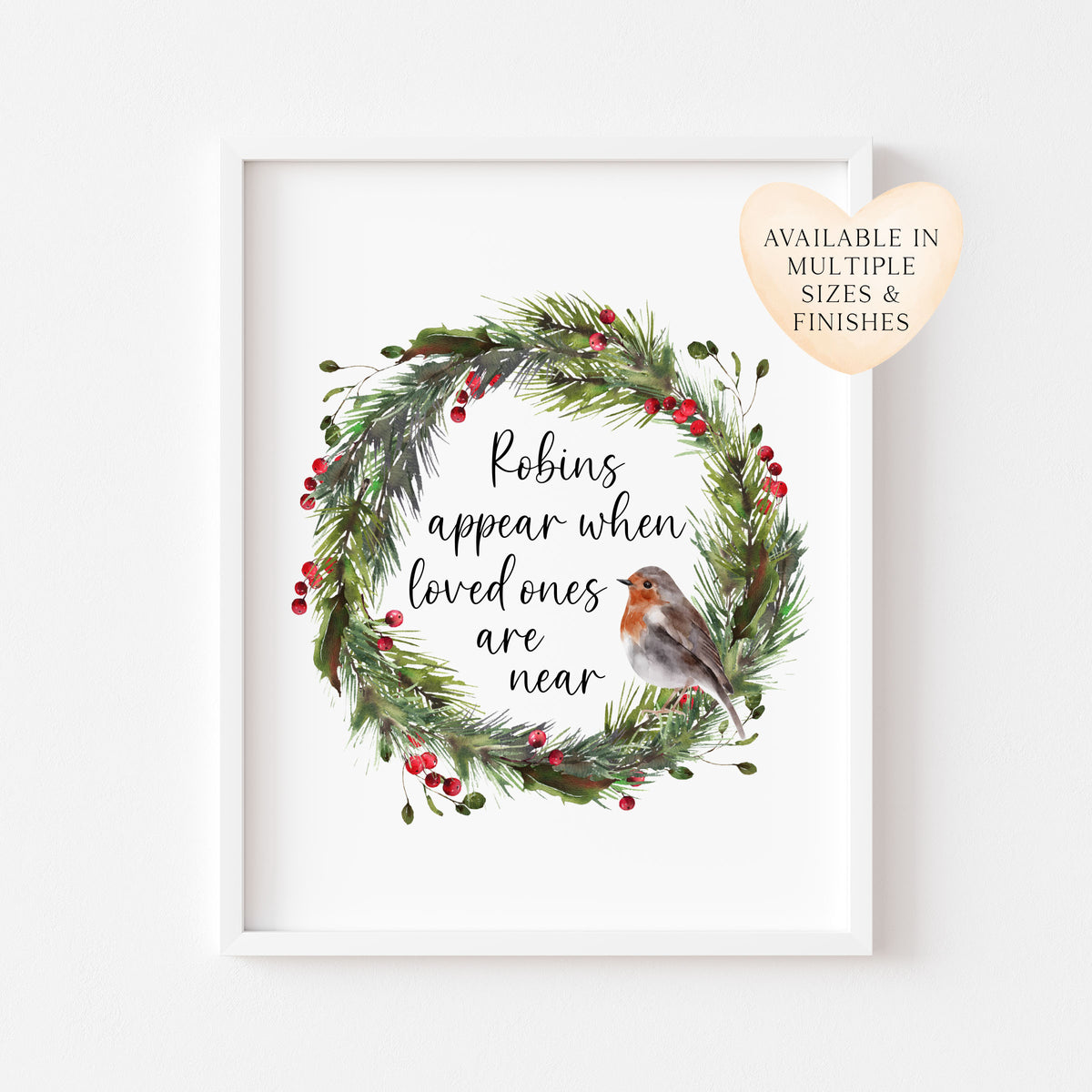 Robin Print Christmas Wreath Red & Green Watercolour Seasonal Wall Art (unframed)