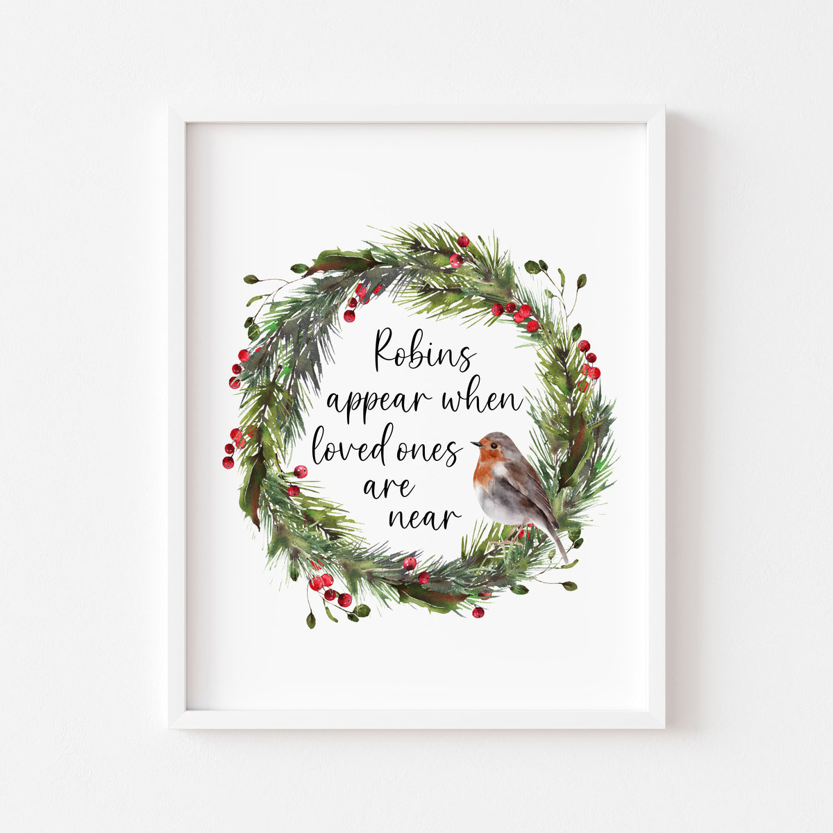 Robin Print Christmas Wreath Red & Green Watercolour Seasonal Wall Art (unframed)