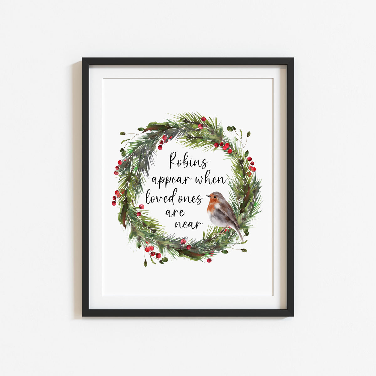 Robin Print Christmas Wreath Red & Green Watercolour Seasonal Wall Art (unframed)