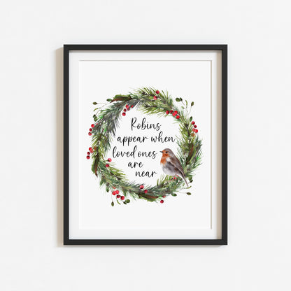 Robin Print Christmas Wreath Red & Green Watercolour Seasonal Wall Art (unframed)