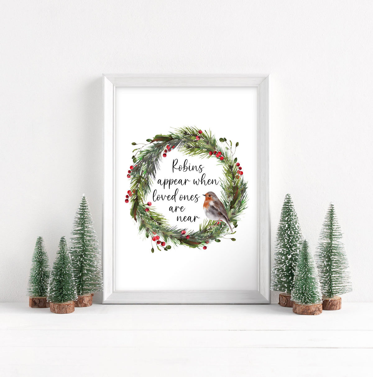 Robin Print Christmas Wreath Red & Green Watercolour Seasonal Wall Art (unframed)