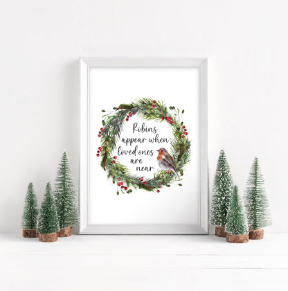 Robin Print Christmas Wreath Red & Green Watercolour Seasonal Wall Art (unframed)