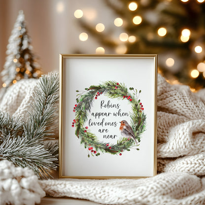 Robin Print Christmas Wreath Red & Green Watercolour Seasonal Wall Art (unframed)