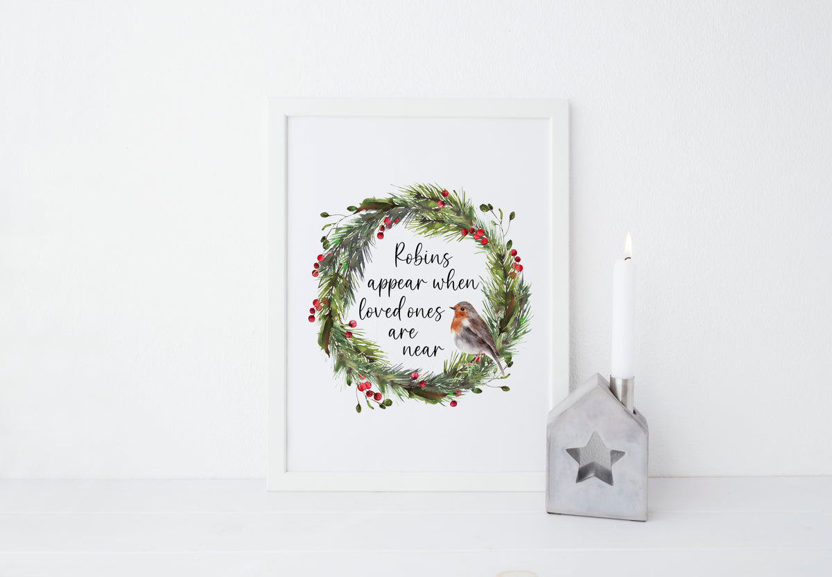 Robin Print Christmas Wreath Red & Green Watercolour Seasonal Wall Art (unframed)