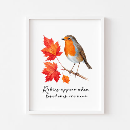 Robin Autumn Christmas Print Watercolour Red leaves Art unframed wall art poster