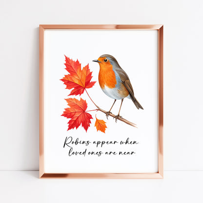 Robin Autumn Christmas Print Watercolour Red leaves Art unframed wall art poster