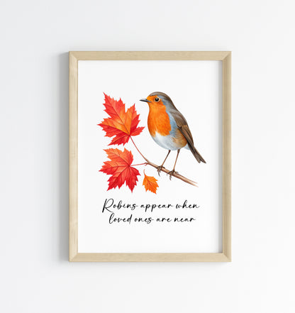Robin Autumn Christmas Print Watercolour Red leaves Art unframed wall art poster