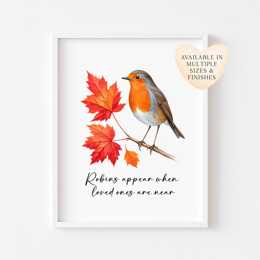 Robin Autumn Christmas Print Watercolour Red leaves Art unframed wall art poster