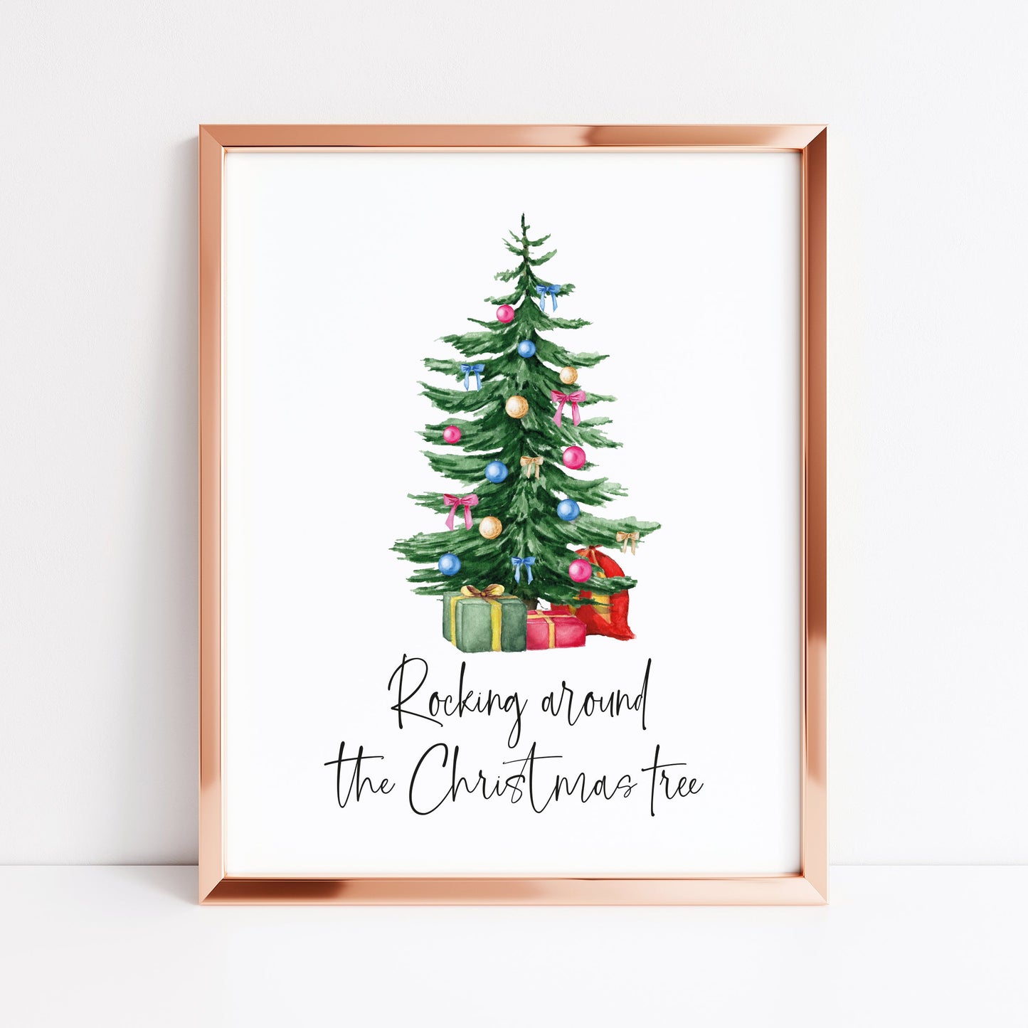 Rocking around the Christmas Tree watercolour Christmas tree illustration seasonal unframed wall art poster print