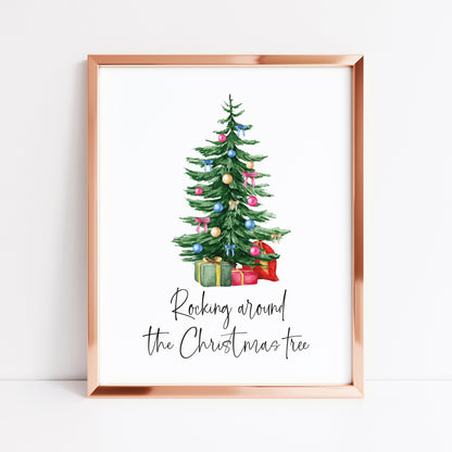 Rocking around the Christmas Tree watercolour Christmas tree illustration seasonal unframed wall art poster print