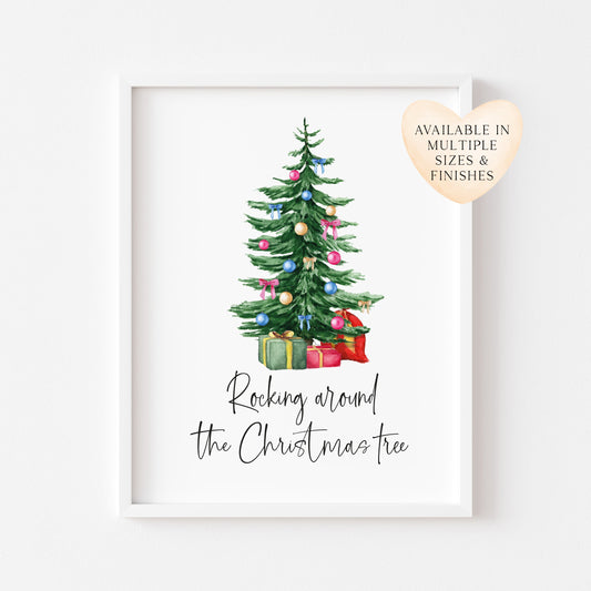 Rocking around the Christmas Tree watercolour Christmas tree illustration seasonal unframed wall art poster print