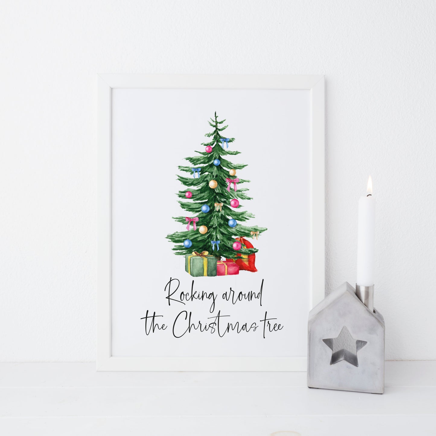 Rocking around the Christmas Tree watercolour Christmas tree illustration seasonal unframed wall art poster print