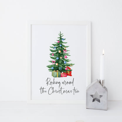Rocking around the Christmas Tree watercolour Christmas tree illustration seasonal unframed wall art poster print