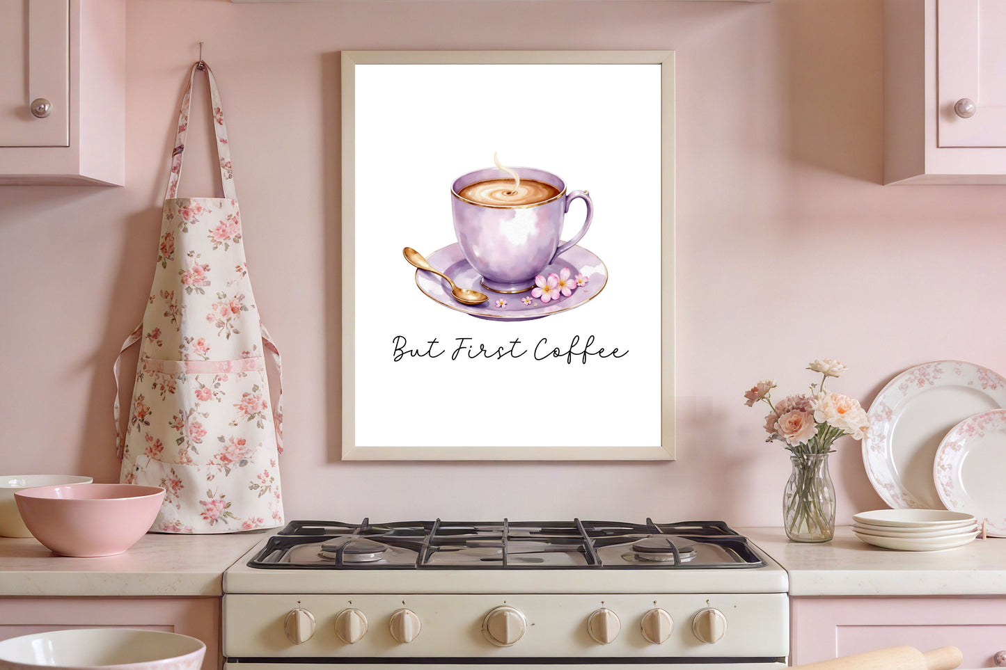 But First Coffee Print purple cup pink flowers Watercolour Kitchen Wall Art (Unframed)