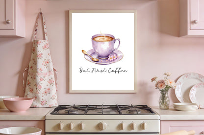 But First Coffee Print purple cup pink flowers Watercolour Kitchen Wall Art (Unframed)