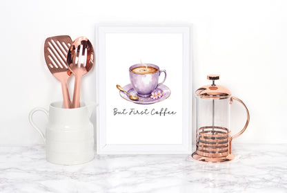 But First Coffee Print purple cup pink flowers Watercolour Kitchen Wall Art (Unframed)