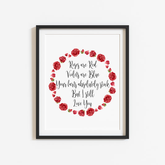 Valentines couples print, roses are red wreath funny unframed wall art