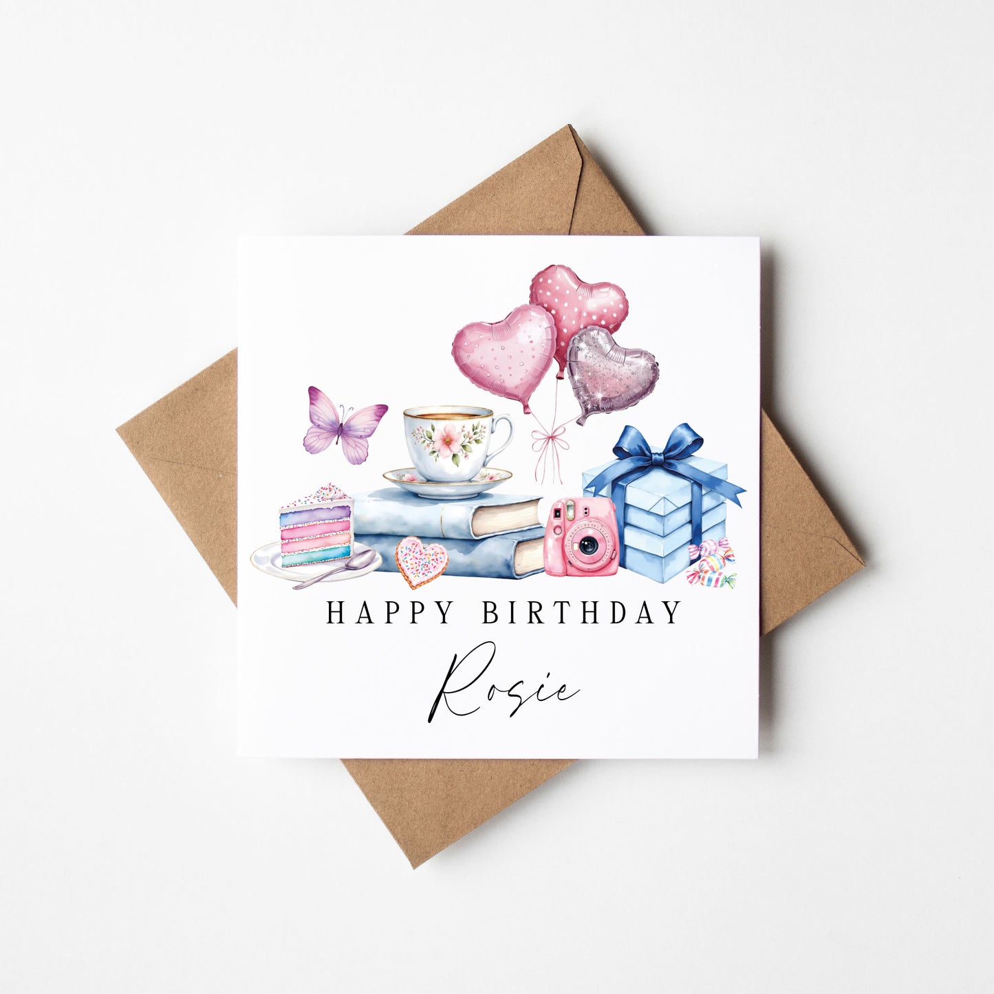 Pastel luxury Birthday Card Personalised, cake sweets books Unique Design