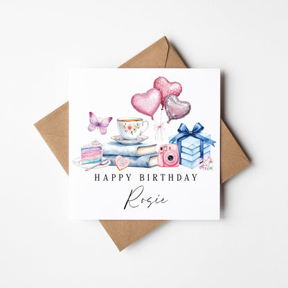 Pastel luxury Birthday Card Personalised, cake sweets books Unique Design