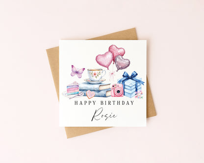 Pastel luxury Birthday Card Personalised, cake sweets books Unique Design