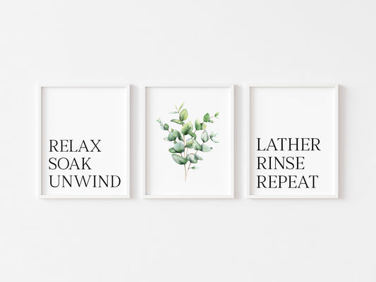 Set of 3 bathroom prints relax soak unwind lather rinse repeat botanical plant bouquet bathroom washroom unframed wall art bathroom prints
