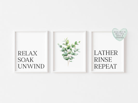 Set of 3 bathroom prints relax soak unwind lather rinse repeat botanical plant bouquet bathroom washroom unframed wall art bathroom prints