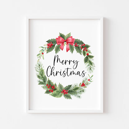 Christmas Print Watercolour Holiday wreath Wall Art (Unframed)