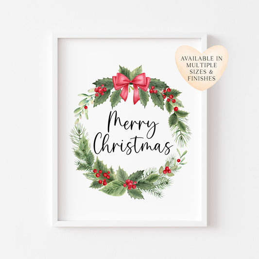Christmas Print Watercolour Holiday wreath Wall Art (Unframed)