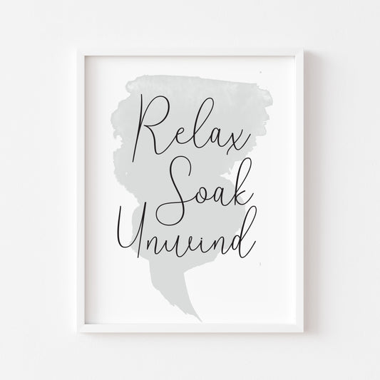Relax soak unwind watercolour grey blue bathroom wash room sign unframed wall art poster print
