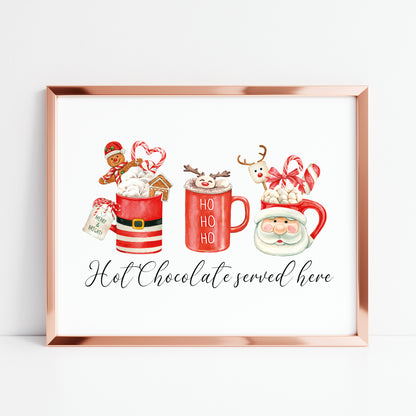 Hot chocolate served here, red santa, reindeer ho ho ho Christmas mugs cosy drink seasonal landscape unframed wall art poster print