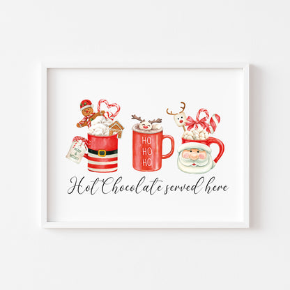 Hot chocolate served here, red santa, reindeer ho ho ho Christmas mugs cosy drink seasonal landscape unframed wall art poster print