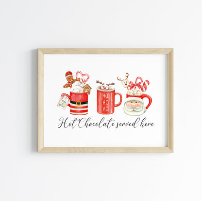 Hot chocolate served here, red santa, reindeer ho ho ho Christmas mugs cosy drink seasonal landscape unframed wall art poster print