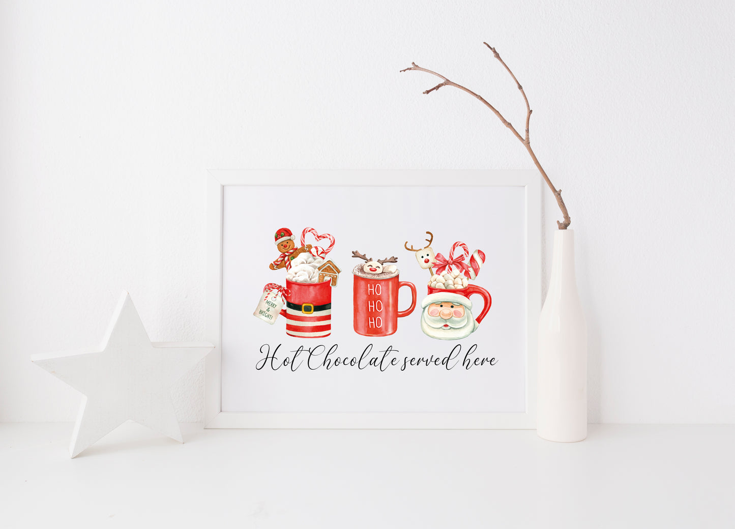 Hot chocolate served here, red santa, reindeer ho ho ho Christmas mugs cosy drink seasonal landscape unframed wall art poster print