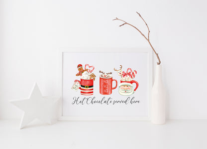 Hot chocolate served here, red santa, reindeer ho ho ho Christmas mugs cosy drink seasonal landscape unframed wall art poster print