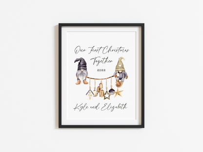 Our first Christmas together watercolour scandi decorations and gnome/gonk xmas illustration seasonal wall art poster print