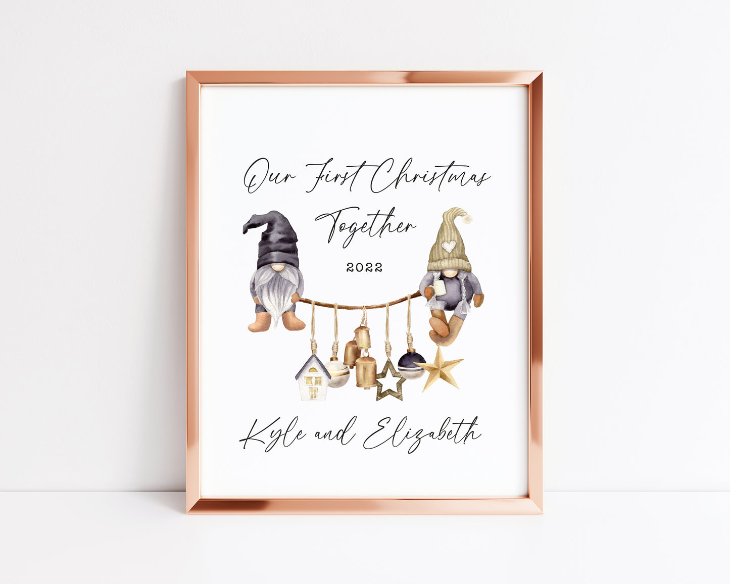 Our first Christmas together watercolour scandi decorations and gnome/gonk xmas illustration seasonal wall art poster print