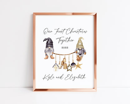 Our first Christmas together watercolour scandi decorations and gnome/gonk xmas illustration seasonal wall art poster print