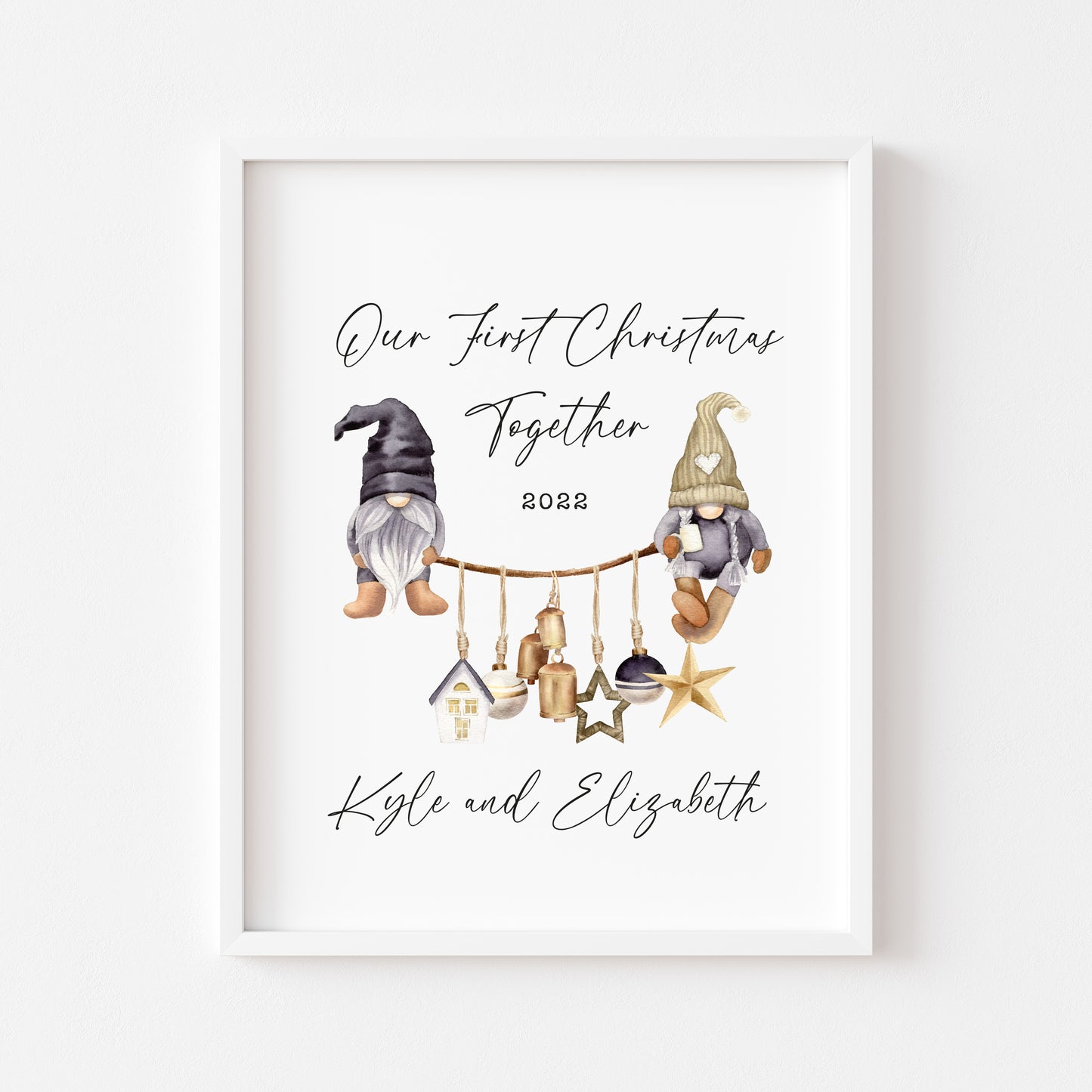 Our first Christmas together watercolour scandi decorations and gnome/gonk xmas illustration seasonal wall art poster print