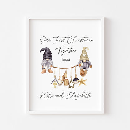 Our first Christmas together watercolour scandi decorations and gnome/gonk xmas illustration seasonal wall art poster print