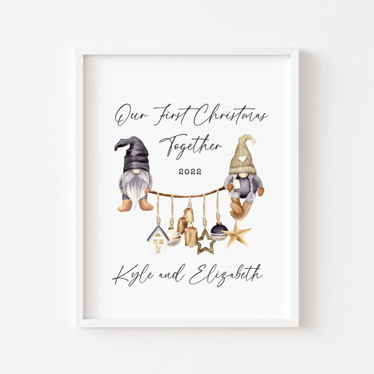 Our first Christmas together watercolour scandi decorations and gnome/gonk xmas illustration seasonal wall art poster print
