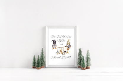 Our first Christmas together watercolour scandi decorations and gnome/gonk xmas illustration seasonal wall art poster print