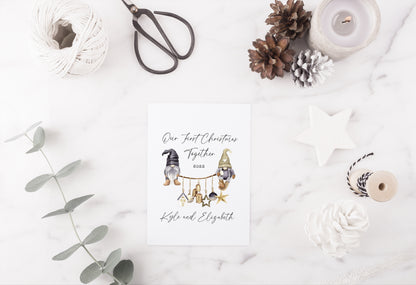 Our first Christmas together watercolour scandi decorations and gnome/gonk xmas illustration seasonal wall art poster print
