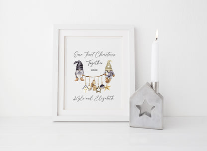 Our first Christmas together watercolour scandi decorations and gnome/gonk xmas illustration seasonal wall art poster print