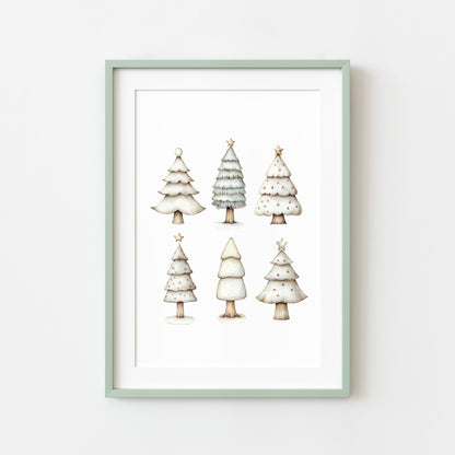 Christmas print, Scandi green beige Xmas trees Christmas Decor (Unframed)