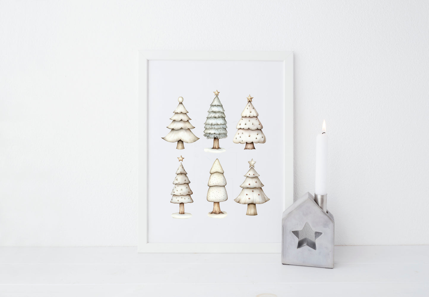 Christmas print, Scandi green beige Xmas trees Christmas Decor (Unframed)