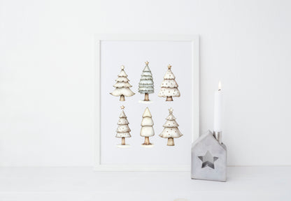 Christmas print, Scandi green beige Xmas trees Christmas Decor (Unframed)