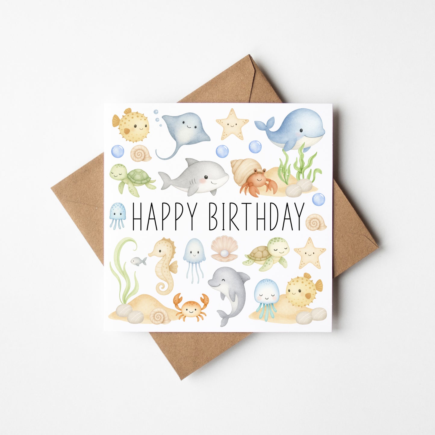 Ocean sea life Birthday card kids soft pastel Watercolour animals Design with Kraft Envelope