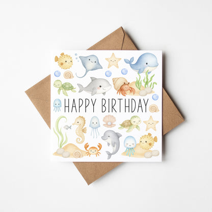 Ocean sea life Birthday card kids soft pastel Watercolour animals Design with Kraft Envelope